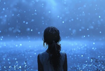 Naklejka premium A depressed dishevelled little girl in the rain on a blue bokeh glittery background, back view.