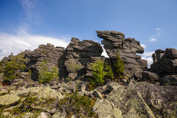 Fototapeta na wymiar Weathering pillars. Mount Zelenaya in Sheregesh, Russia