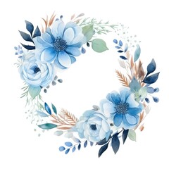 Fototapeta na wymiar Beautiful Watercolor Wreath With Blue and Purple Flowers and Foliage