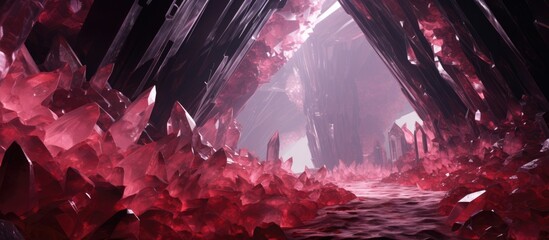 Artistic portrayal of expansive pink-red crystal cave tunnels.