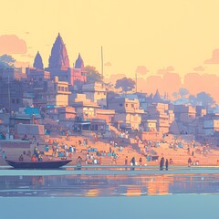 Peaceful Ghats on the Ganges River - A serene illustration capturing the spiritual and cultural essence of Varanasi. - obrazy, fototapety, plakaty