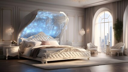 A big and most prominent Diamond with transparent beams of reflected lights, placed on the top of the bed in a decorated bedroom