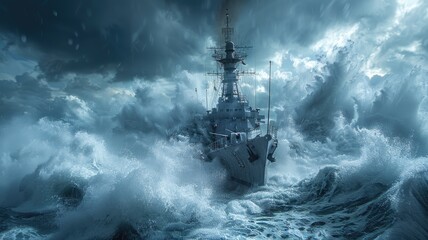 a warship navigating through rough waves and crashing waters, depicted in a wide-screen format with a dominant blue tone.