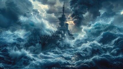 a warship navigating through rough waves and crashing waters, depicted in a wide-screen format with a dominant blue tone. - obrazy, fototapety, plakaty