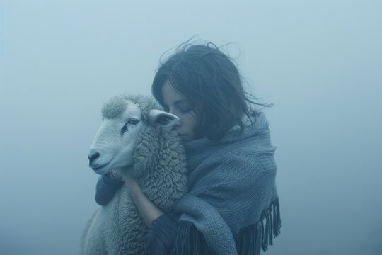 A girl hugs a sheep on a foggy day.