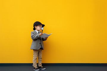 A smart kid model in elegant attire, holding a magnifying glass and exploring with curiosity against a bold yellow wall.