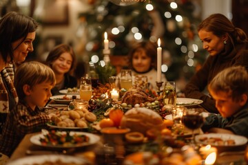 A diverse group of friends and family members are gathered around a elegantly set dinner table, enjoying a delicious meal together