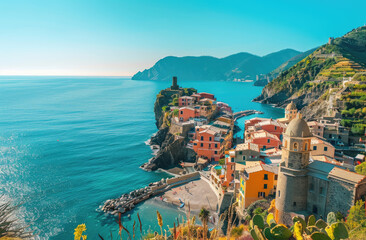 panoramic view of the colorful village and sea in Cinque Terre, Italy
