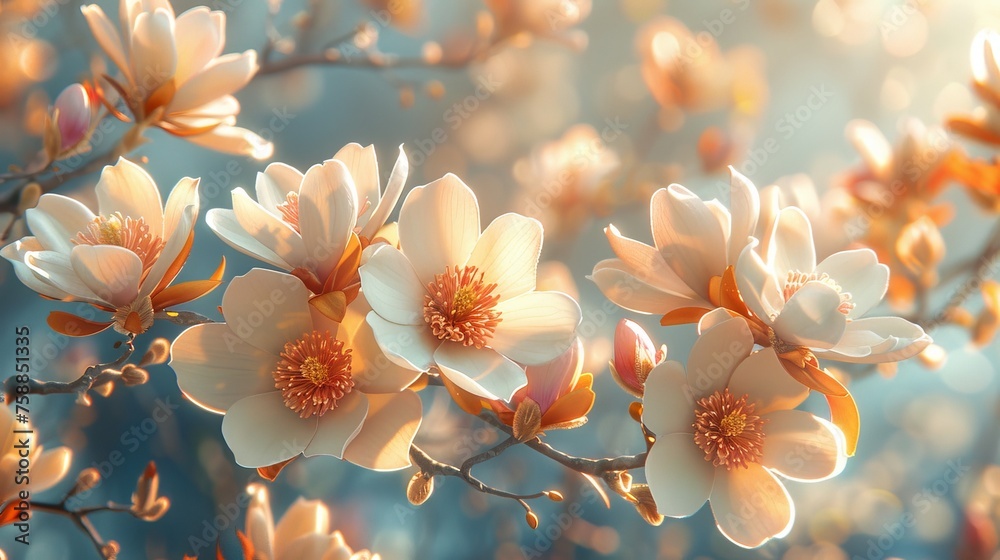 Poster a cluster of vibrant flowers adorns a tree, swaying gracefully in the breeze, creating a beautiful a