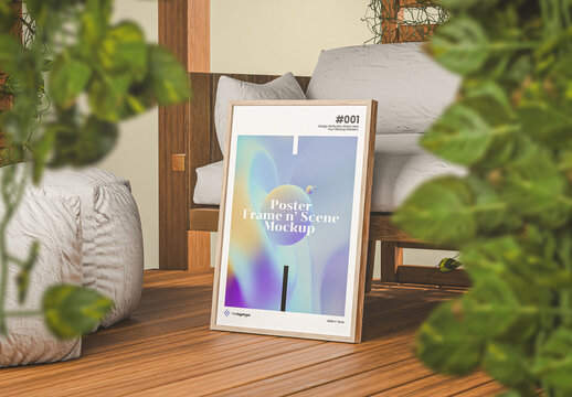Wooden Poster Frame Mockup Scene