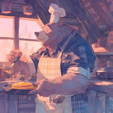 A heartwarming scene of a bear in chef attire passionately preparing a meal, evoking a sense of warmth and joy for culinary enthusiasts.