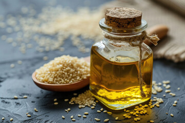 conjume grains lie in a wooden spoon and are scattered on the table in a pile, in a glass bottle there is oil, a cork stopper