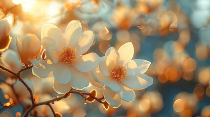White magnolia flowers bask in the warm, golden glow of a setting sun, emanating a peaceful aura