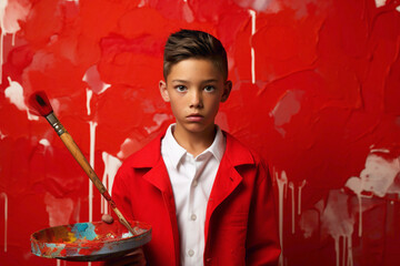 A kid model with a contemplative expression stands against a solid red wall, holding a paintbrush and palette, immersed in the process of creating art with passion and concentration.