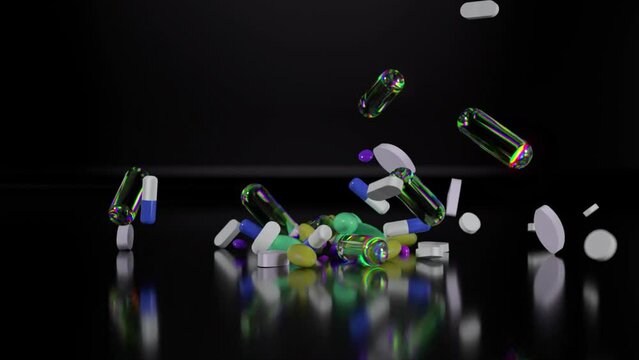 Various pills falling on a black background. Medicines, pills, antibiotics, vitamins, healthcare, pharmaceutical industry, drug use, the concept of medicine. 3d Animation