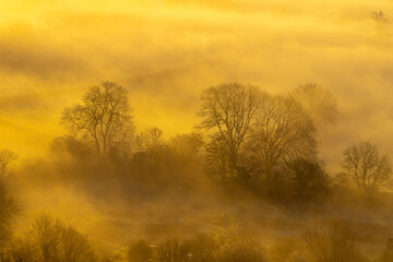 Fototapeta premium Capturing the Mystical Sunrise at the top Glastonbury Tor: A Stunning Blend of Mist, Sunlight, and Natural Beauty