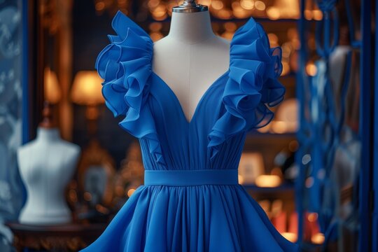 A beautifully crafted blue dress adorns a mannequin in a store, showcasing exquisite tailoring and design