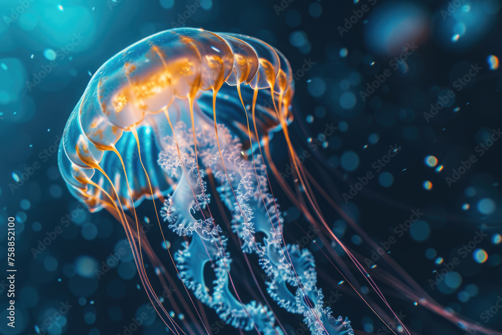 Wall mural jellyfish swims, scyphoid jellyfish, water with bokeh, animal with tentacles swims - Wall murals