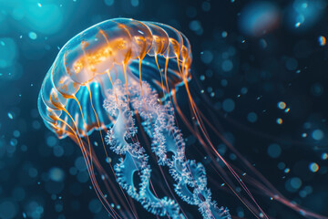 jellyfish swims, Scyphoid jellyfish, water with bokeh, animal with tentacles swims - obrazy, fototapety, plakaty
