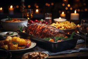 A lavish spread of food covers the table, accompanied by a glass of wine. The scene is filled with abundance and celebration