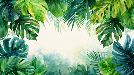 Illustration of tropical leaves with watercolor paint. Background wallpaper. Generative AI