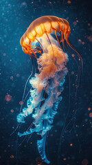 glowing jellyfish swims with long poisonous tentacles, sea animal lumen, bokeh, vertical - obrazy, fototapety, plakaty