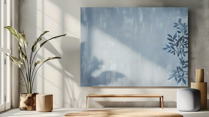 Modern minimalist interior with abstract artwork. cozy bench under a large painting. simple and elegant home decor style. bright room with natural light. AI