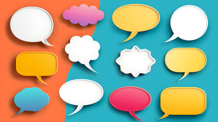 Colorful paper cut speech bubbles on dual tone background. Creative communication concept with vibrant dialogue clouds. Assorted shapes of conversation bubbles in a paper art style. Speech bubble set