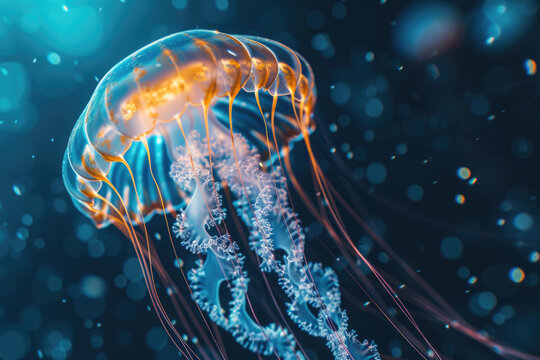 jellyfish swims, Scyphoid jellyfish, water with bokeh, animal with tentacles swims