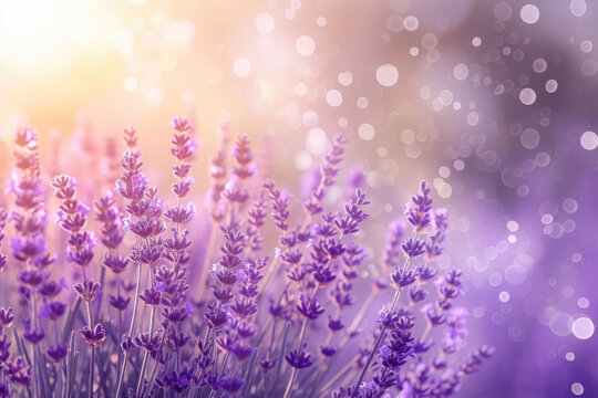 lavender branches, sunset light with sun rays, purple texture, floral background, with bokeh with raindrops