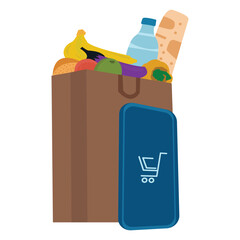 Grocery delivery at home and smartphone app. Shopping bag full with fresh vegetables, food and beverage. Shopping cart on a mobile phone display.