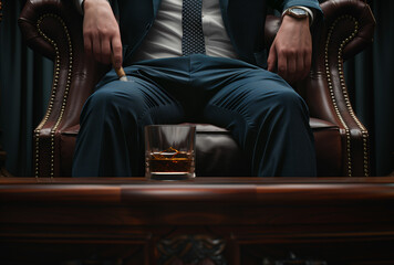 A man in a suit is sitting in a chair with a glass of whiskey in front of him stubs out his cigar on his pants. - obrazy, fototapety, plakaty