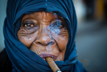 A woman in a blue scarf is smoking a cigar. She has a sad expression on her face