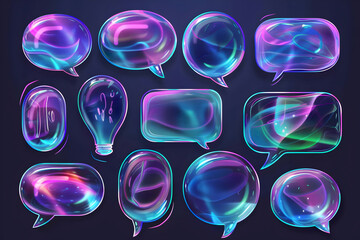 Neon glow speech bubbles and light bulb idea icon on dark. Vivid fluorescent conversation bubbles on a deep blue background. Electric neon dialogue clouds. Set holographic neon speech bubble
