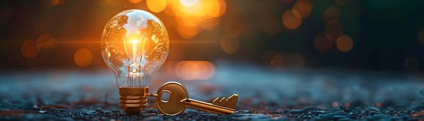 A light bulb and a key are placed on a surface. Concept of creativity and innovation, as the light bulb represents an idea or a spark of inspiration - obrazy, fototapety, plakaty