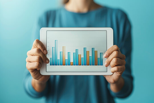 Businessman holding digital tablet with data growth graph and progress of business and analyzing financial by AI generated image