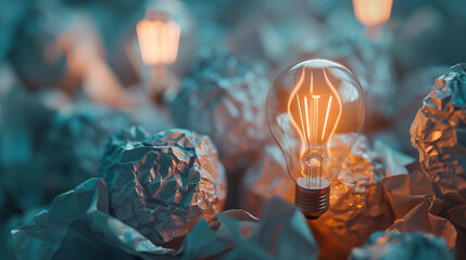 A crumpled piece of paper and a bright light bulb creative ideas - obrazy, fototapety, plakaty