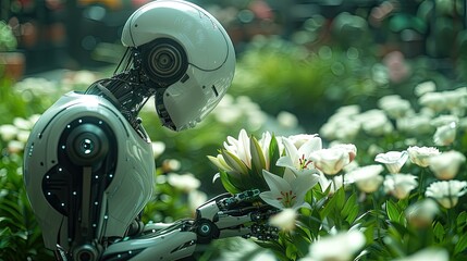 a white humanoid robot in a flower shop, elegantly holding a bouquet of royal lilies amidst a background filled with green plants and vases adorned with white roses.