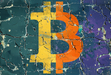 A logo of the bitcoin symbol made out of cracked paint in vibrant colors in the style of oil painting