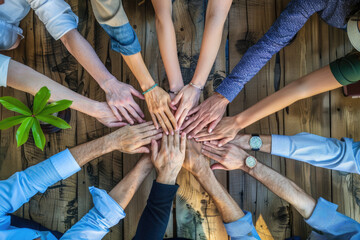 Top view of a business team with hands together in the office. A diverse group of people working...