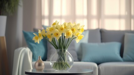 Vase with beautiful daffodils on table in living room