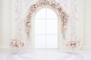 A serene white room illuminated by a window, adorned with vibrant flowers cascading down the walls