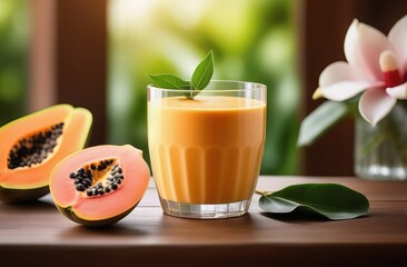 Papaya smoothie in glass on wooden background - 758853749