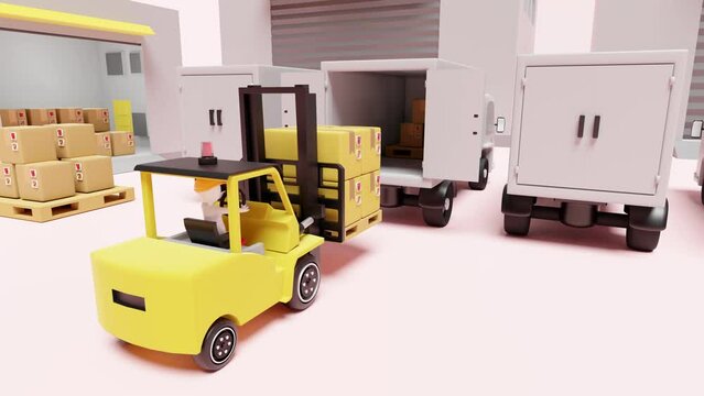building warehouse with forklift for import export, goods cardboard box, pallet, truck isolated on pink background. logistic service concept, 3d animation