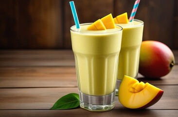 Mango smoothie in glasses with straws on wooden background - 758853922