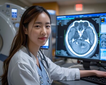 A woman is sitting in front of a computer monitor with a medical image on it