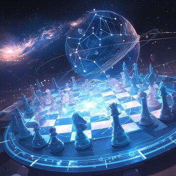 An immersive interstellar chess match unfolds on a holographic board, capturing the essence of strategic space battles.