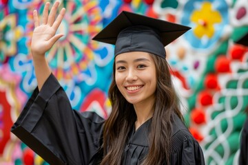 Smiling Young Female Graduate in Cap and Gown Waving Hand with Colorful Celebration Background