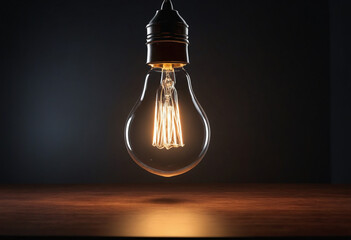 A light bulb is lit up on a table in a dark room, oncept of creativity and inspiration