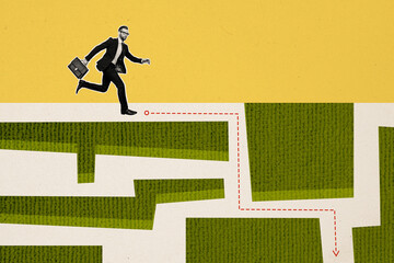 Creative image photo collage running young man entrepreneur find route out maze escape labyrinth...